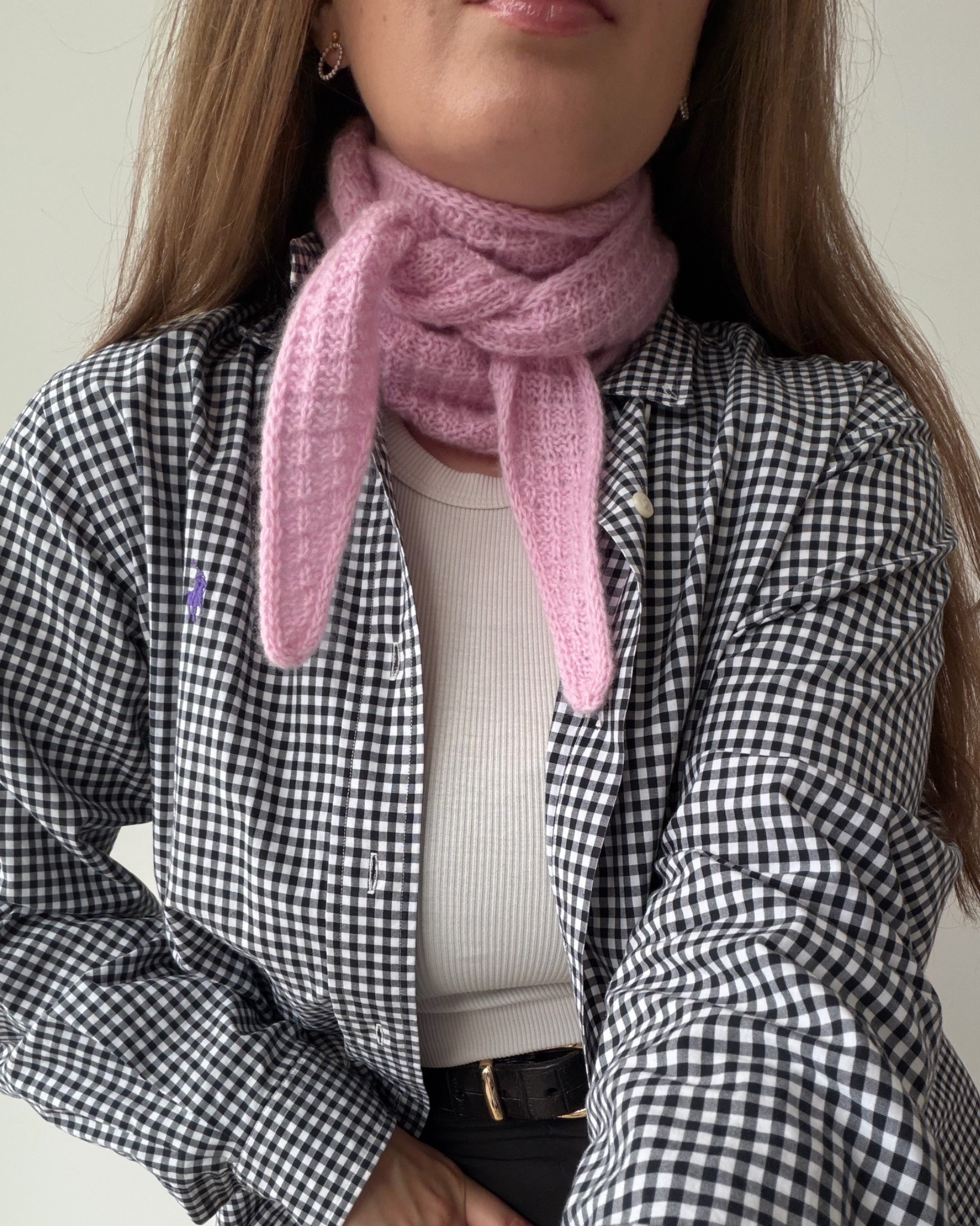 Pink Amelle Scarf styled with gingham