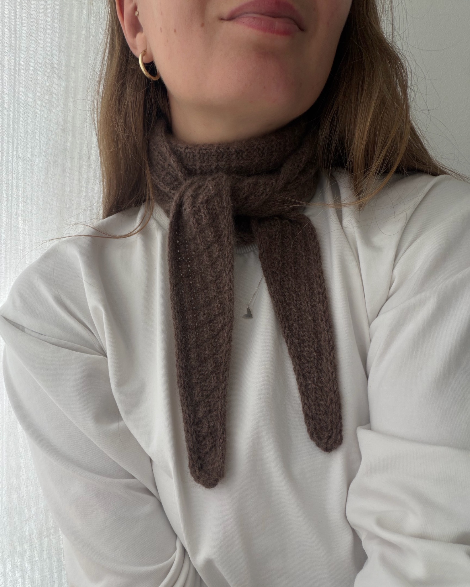 Brown Amelle Scarf styled with a white top